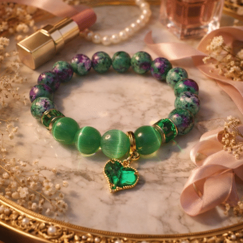 A bracelet made of epidote and green cat’s eye