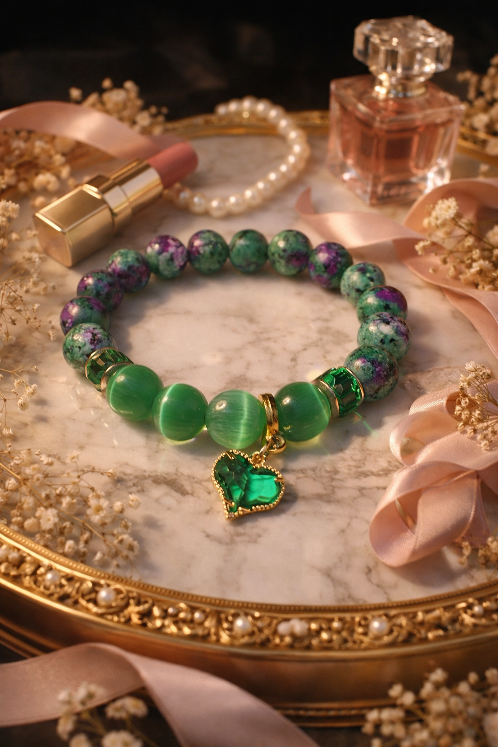 A bracelet made of epidote and green cat’s eye