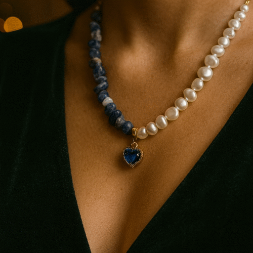 A necklace made with natural sodalite and freshwater pearls