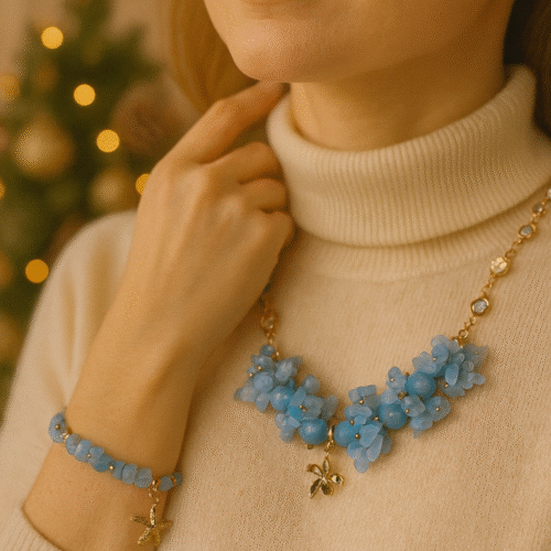 A necklace made with natural aquamarine and chalcedony