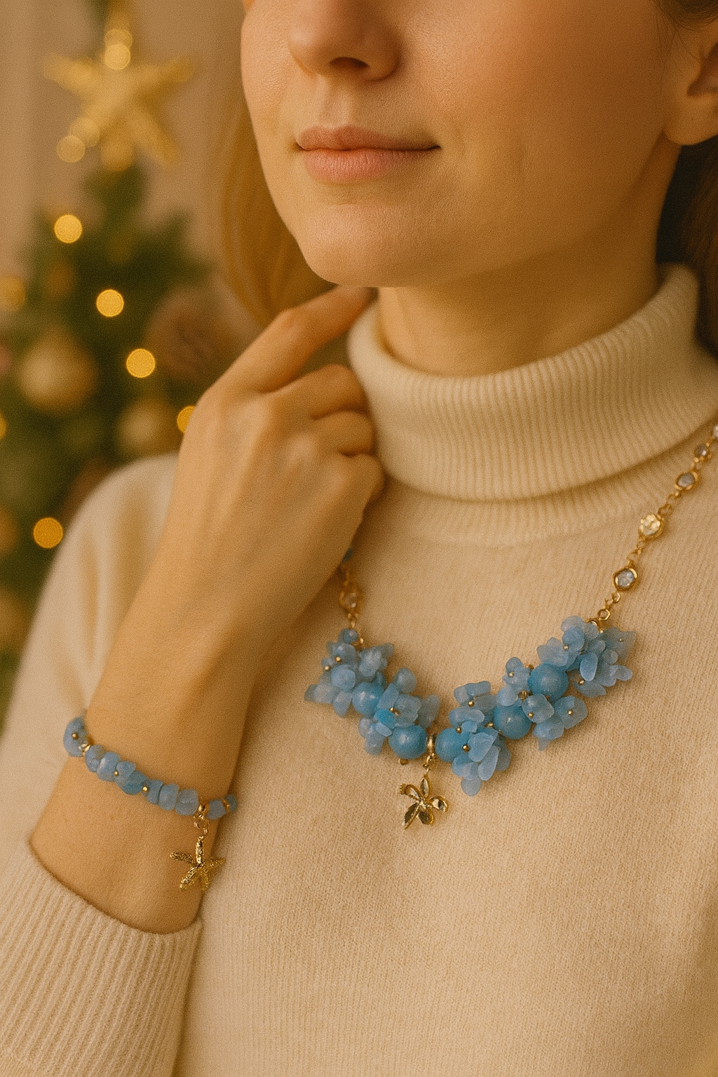 A necklace made with natural aquamarine and chalcedony